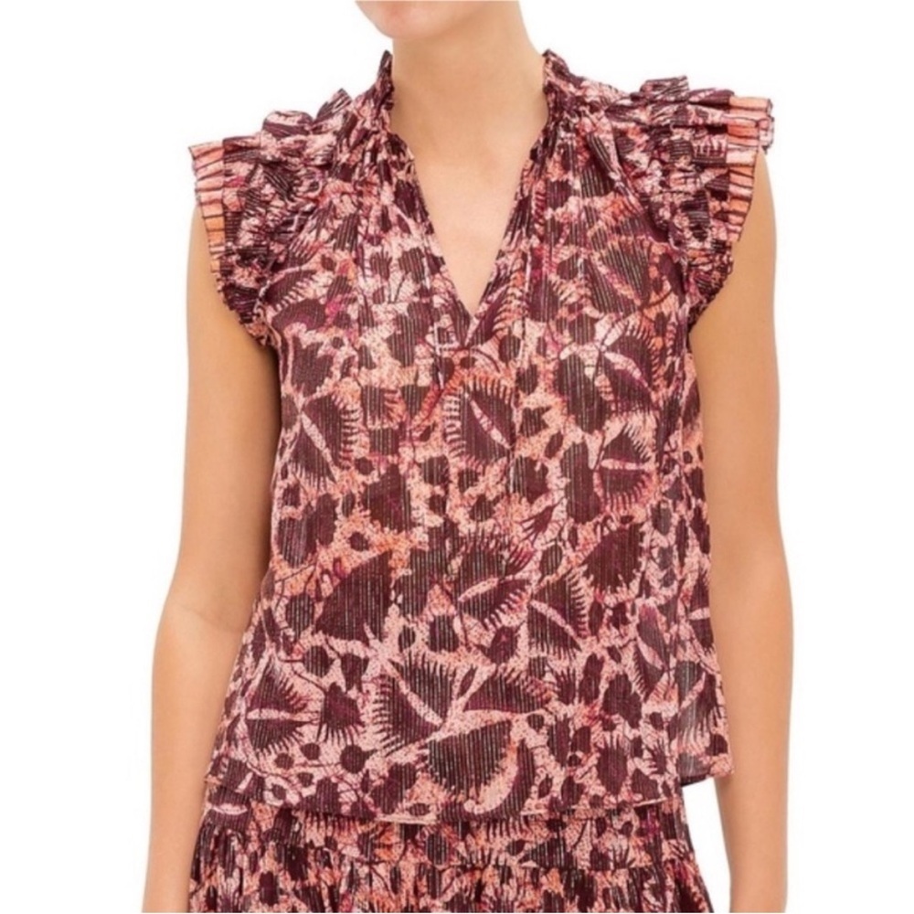 Ulla Johnson Dira Top Bordeaux Metallic Ruffle Size 6 Flutter Sleeve Tassel Tie